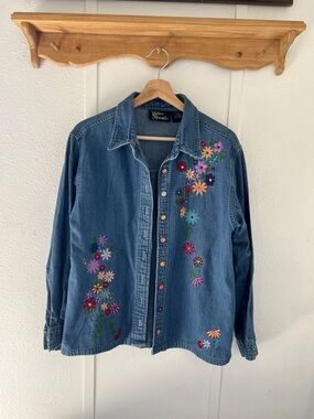 Silver threads denim button down shirt with rainbow floral embroidery & buttons